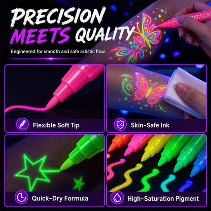 📢📢40% OFF !! ⏰ Glow Party Tattoo Pens | Temporary UV Body Art Markers | Fun Glow-in-the-Dark Designs for Parties, Festivals & Events 🎉