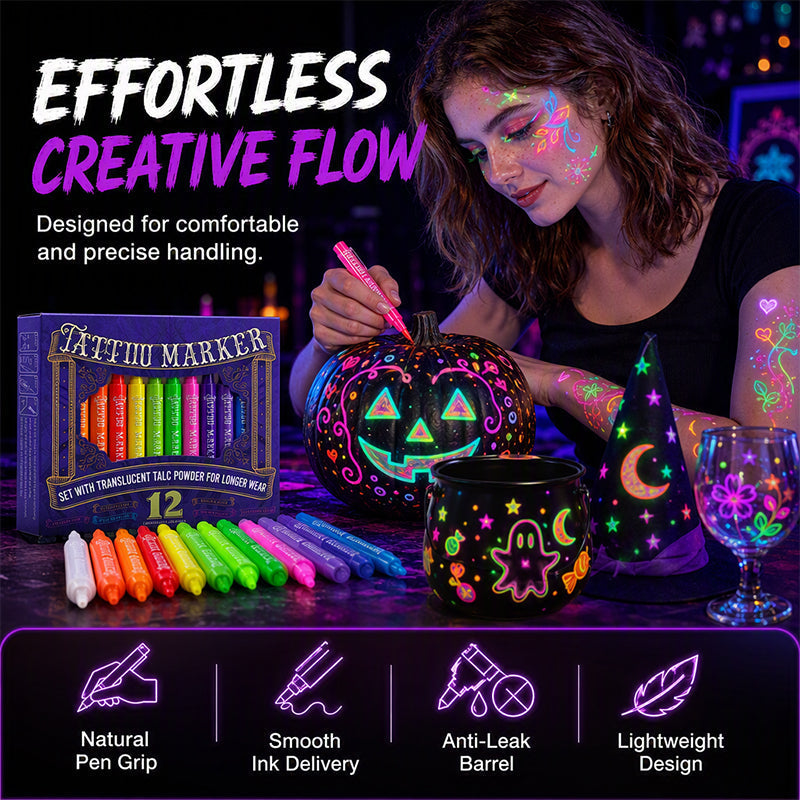 📢📢40% OFF !! ⏰ Glow Party Tattoo Pens | Temporary UV Body Art Markers | Fun Glow-in-the-Dark Designs for Parties, Festivals & Events 🎉