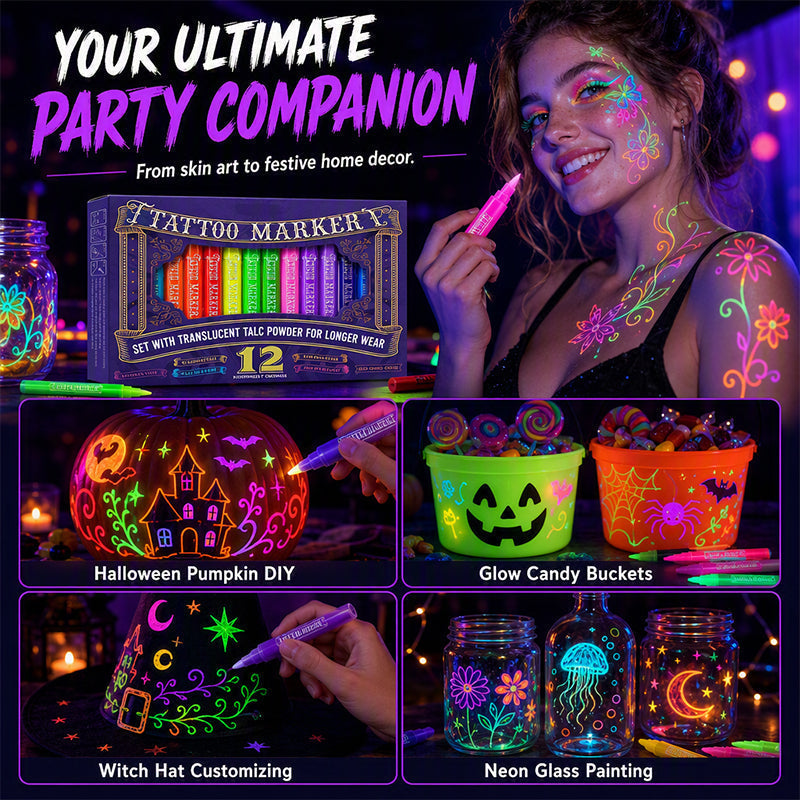 📢📢40% OFF !! ⏰ Glow Party Tattoo Pens | Temporary UV Body Art Markers | Fun Glow-in-the-Dark Designs for Parties, Festivals & Events 🎉