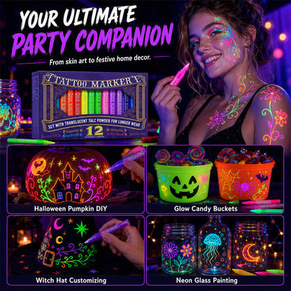 📢📢40% OFF !! ⏰ Glow Party Tattoo Pens | Temporary UV Body Art Markers | Fun Glow-in-the-Dark Designs for Parties, Festivals & Events 🎉