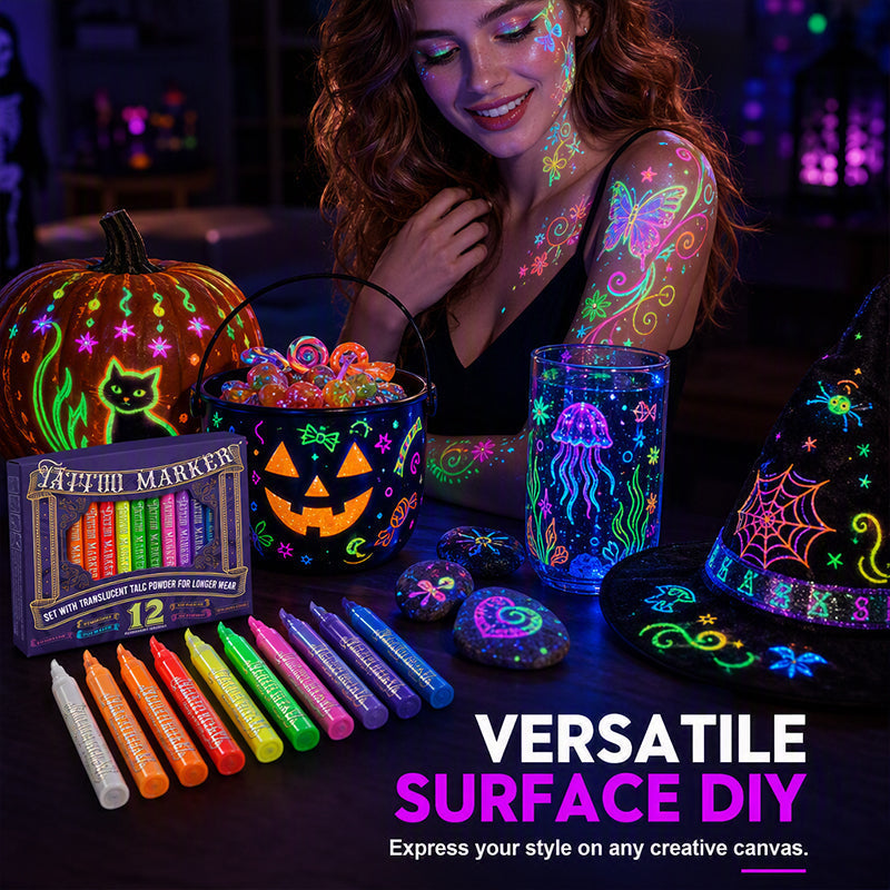 📢📢40% OFF !! ⏰ Glow Party Tattoo Pens | Temporary UV Body Art Markers | Fun Glow-in-the-Dark Designs for Parties, Festivals & Events 🎉