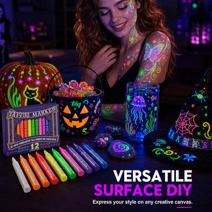 📢📢40% OFF !! ⏰ Glow Party Tattoo Pens | Temporary UV Body Art Markers | Fun Glow-in-the-Dark Designs for Parties, Festivals & Events 🎉