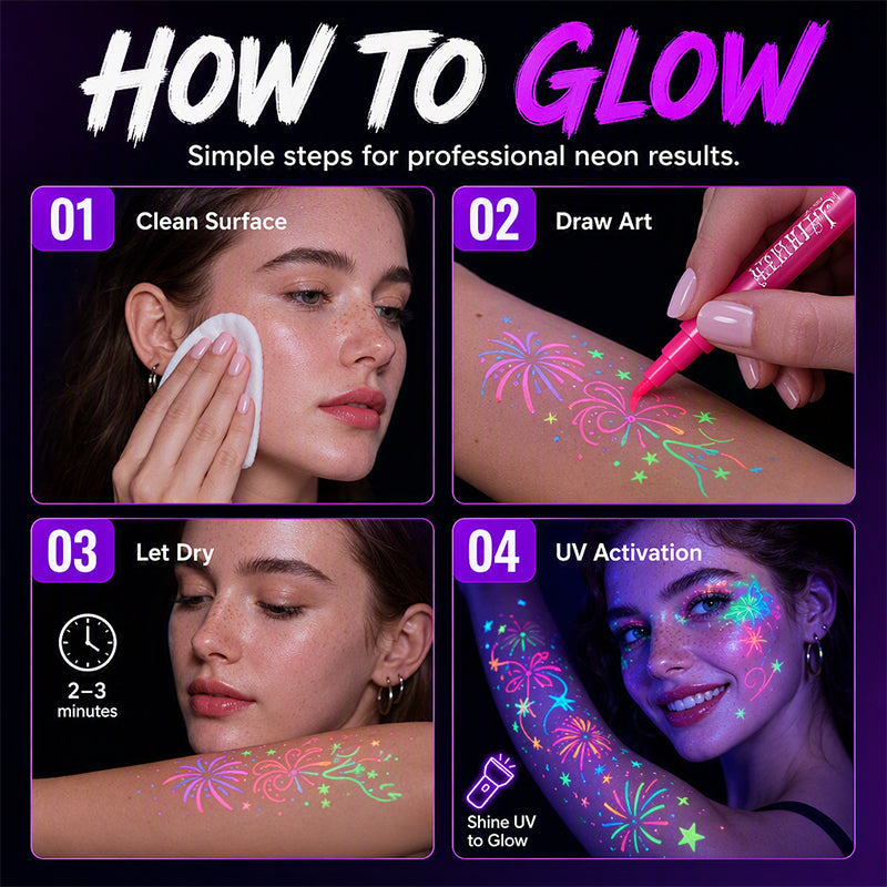 📢📢40% OFF !! ⏰ Glow Party Tattoo Pens | Temporary UV Body Art Markers | Fun Glow-in-the-Dark Designs for Parties, Festivals & Events 🎉