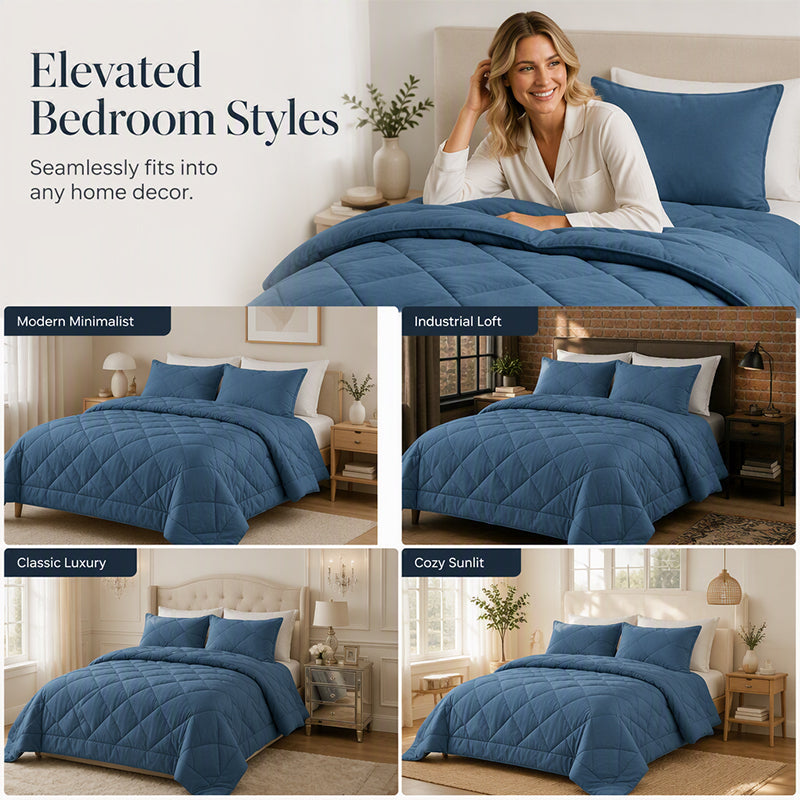 3-Piece Quilted Comforter Set with Shams – All-Season Microfiber