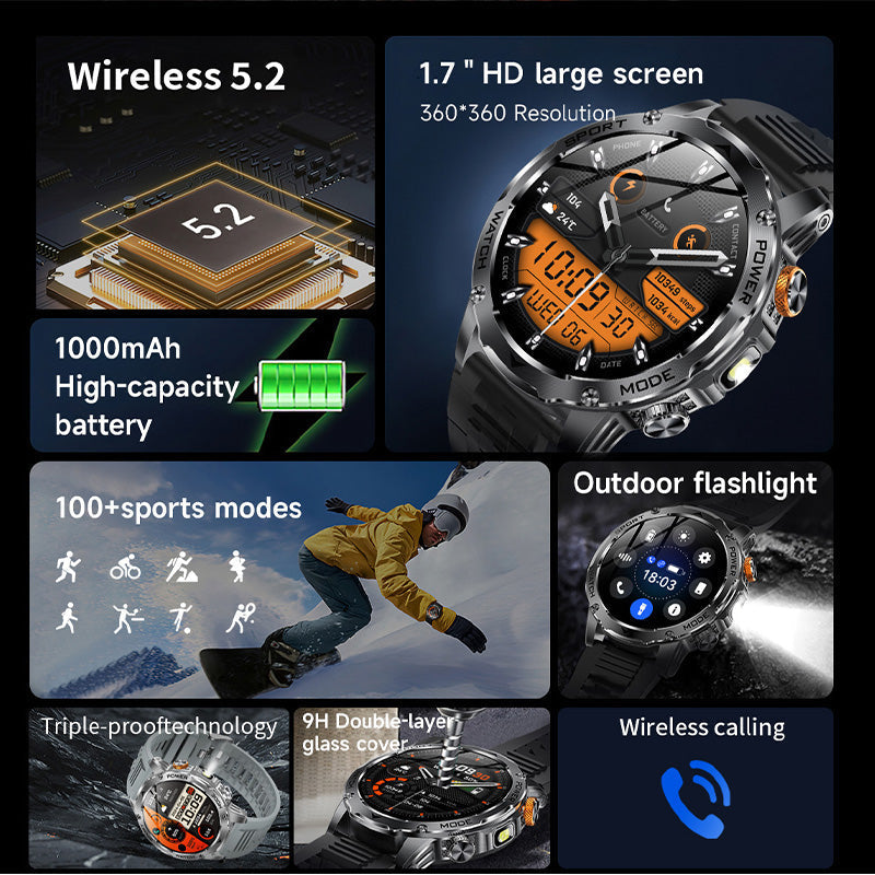 ⌚ 1000mAh Smartwatch – 1.7' Display, 100+ Sports Modes & LED Light