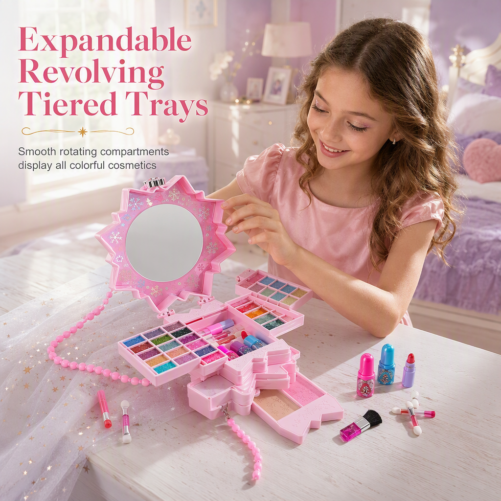 👑 50% OFF! ✨ Washable Kids Princess Makeup Toy Set – Safe Non-Irritating Formula, Expandable Revolving Trays & Portable Shoulder Handbag Case – Perfect Gift for Girls 🎀