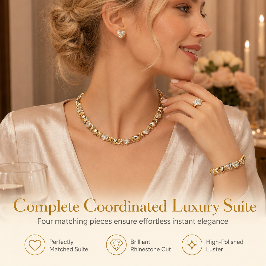 💎 50% OFF! ✨ Gold Plated Heart Shaped Rhinestone Jewelry 4-Piece Set – Necklace, Earrings, Bracelet & Ring – Brilliant Crystal Shimmer for Red-Carpet Elegance 💛