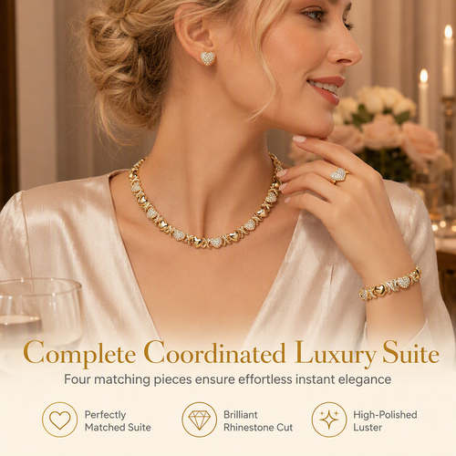 💎 50% OFF! ✨ Gold Plated Heart Shaped Rhinestone Jewelry 4-Piece Set – Necklace, Earrings, Bracelet & Ring – Brilliant Crystal Shimmer for Red-Carpet Elegance 💛