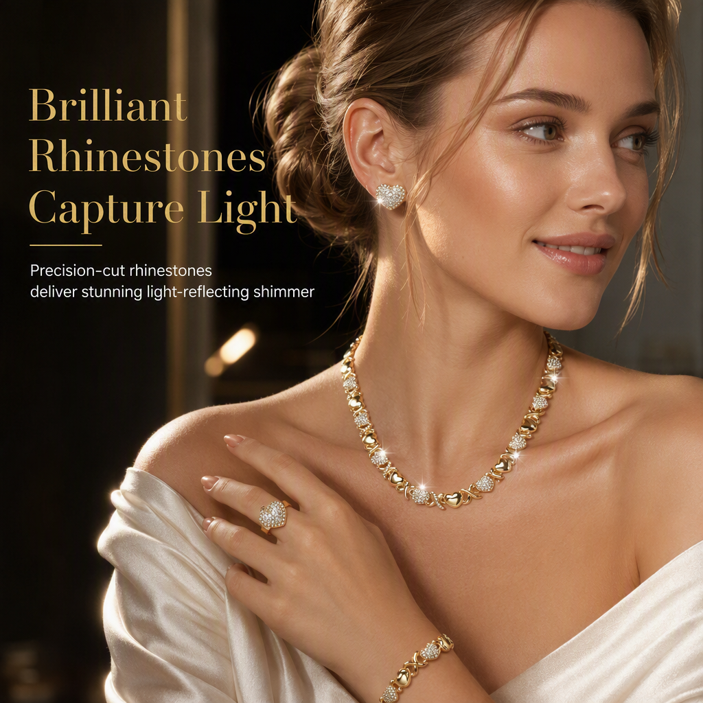 💎 50% OFF! ✨ Gold Plated Heart Shaped Rhinestone Jewelry 4-Piece Set – Necklace, Earrings, Bracelet & Ring – Brilliant Crystal Shimmer for Red-Carpet Elegance 💛