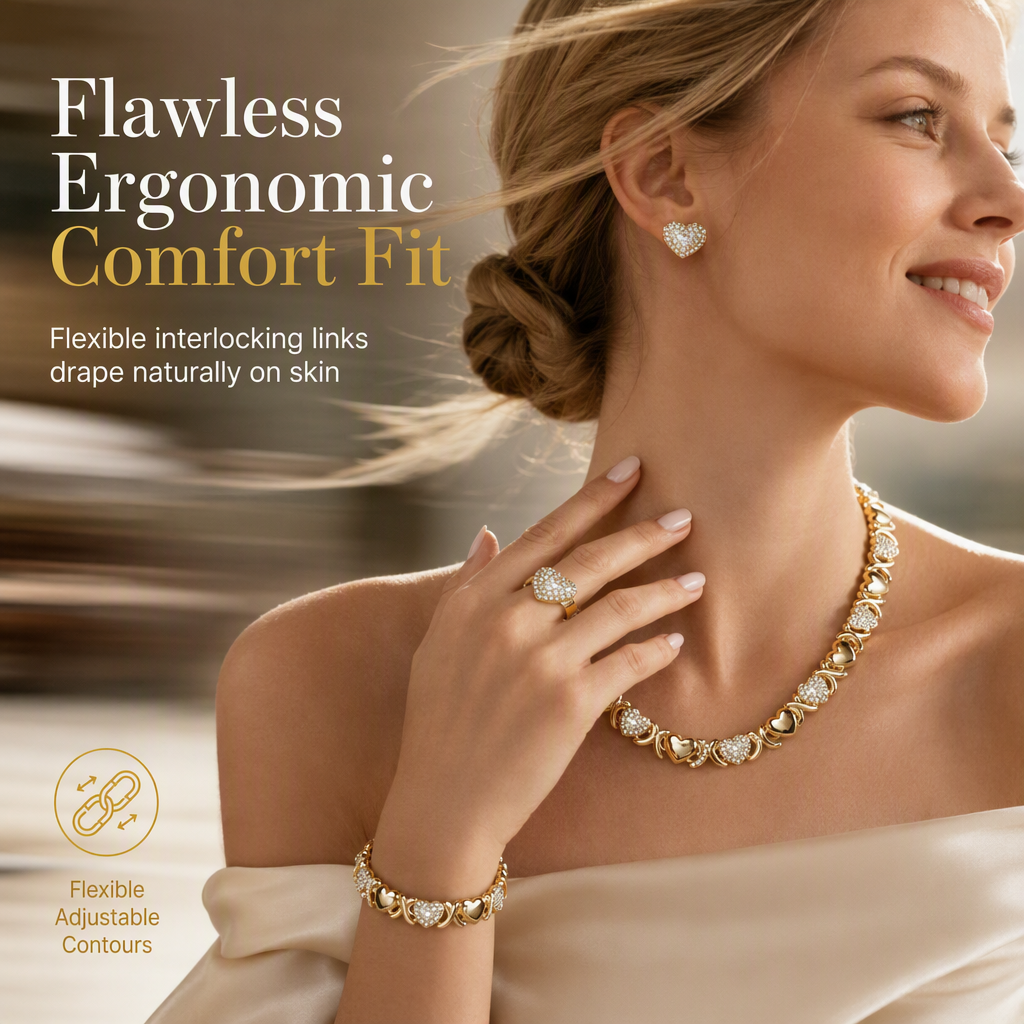 💎 50% OFF! ✨ Gold Plated Heart Shaped Rhinestone Jewelry 4-Piece Set – Necklace, Earrings, Bracelet & Ring – Brilliant Crystal Shimmer for Red-Carpet Elegance 💛