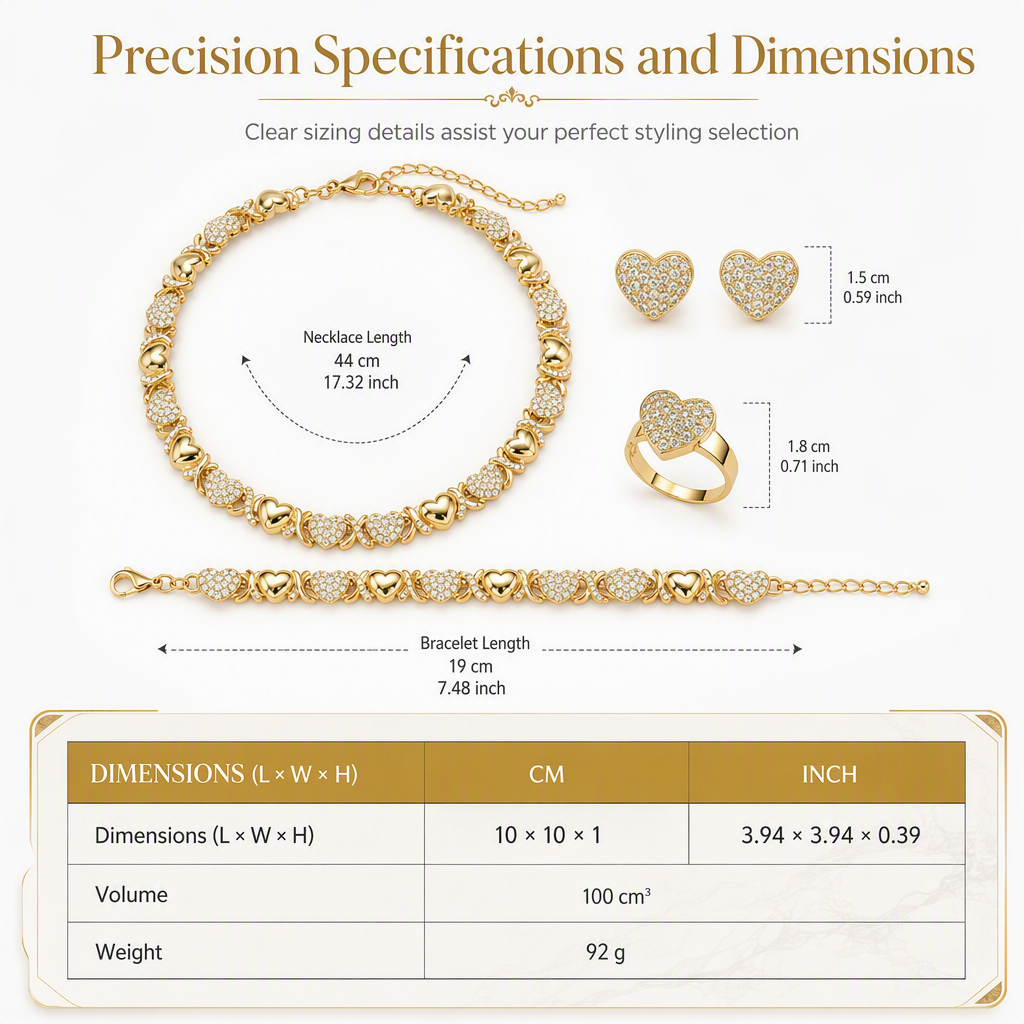 💎 50% OFF! ✨ Gold Plated Heart Shaped Rhinestone Jewelry 4-Piece Set – Necklace, Earrings, Bracelet & Ring – Brilliant Crystal Shimmer for Red-Carpet Elegance 💛