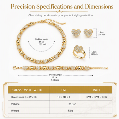 💎 50% OFF! ✨ Gold Plated Heart Shaped Rhinestone Jewelry 4-Piece Set – Necklace, Earrings, Bracelet & Ring – Brilliant Crystal Shimmer for Red-Carpet Elegance 💛