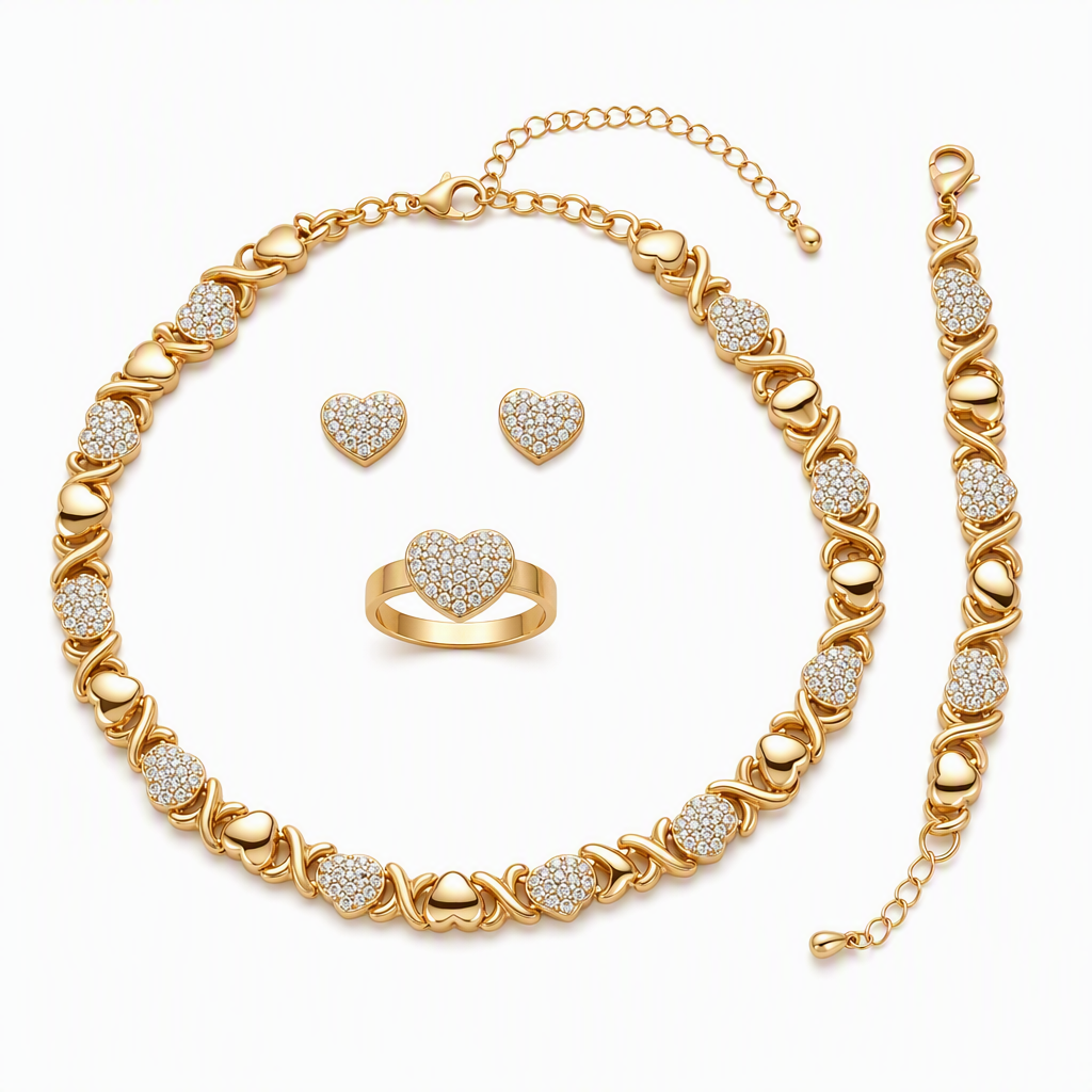 💎 50% OFF! ✨ Gold Plated Heart Shaped Rhinestone Jewelry 4-Piece Set – Necklace, Earrings, Bracelet & Ring – Brilliant Crystal Shimmer for Red-Carpet Elegance 💛