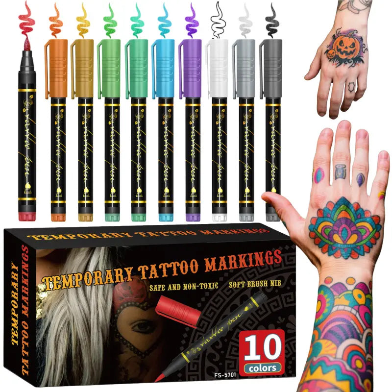 🥳2026 HOT SALE🥳💞50K+ SOLD! 🎨✨ 50% OFF! Temporary Tattoo Markers – 10/15 vivid colours, flexible brush tip, waterproof & non-toxic. Perfect for Halloween & face art! 🎃💚