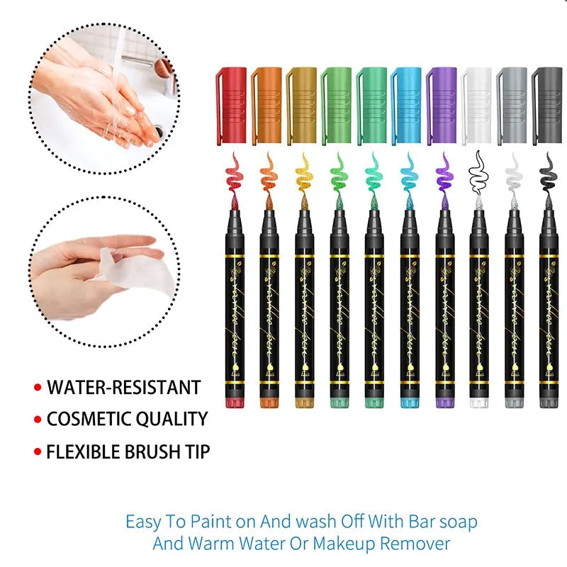 🥳2026 HOT SALE🥳💞50K+ SOLD! 🎨✨ 50% OFF! Temporary Tattoo Markers – 10/15 vivid colours, flexible brush tip, waterproof & non-toxic. Perfect for Halloween & face art! 🎃💚