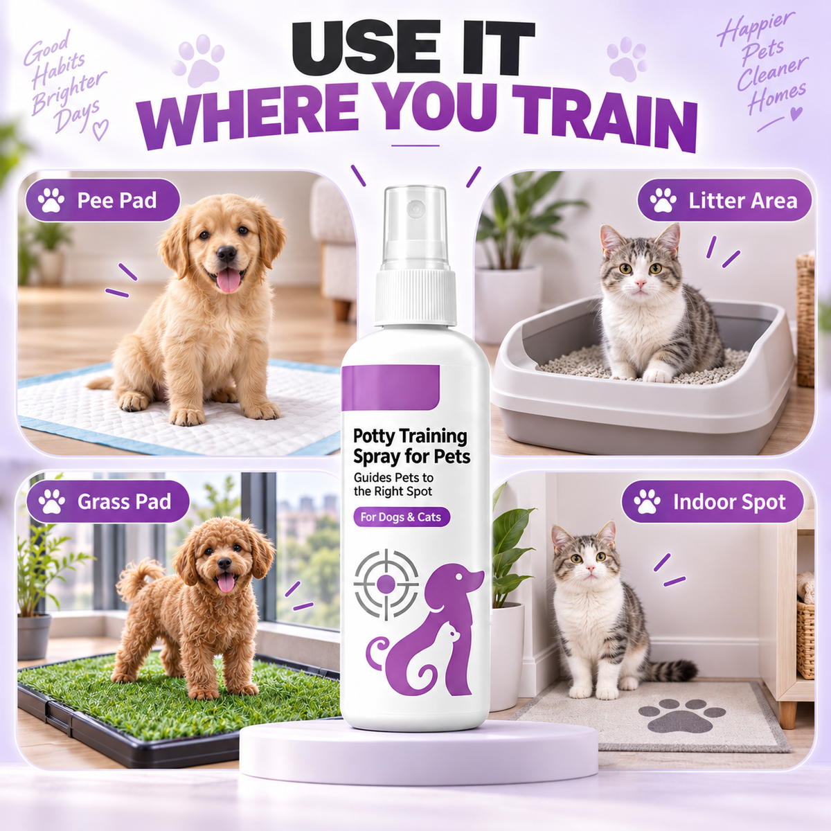 Potty Training Spray ! Guides pets, safe & easy spray. Cleaner home – grab yours!