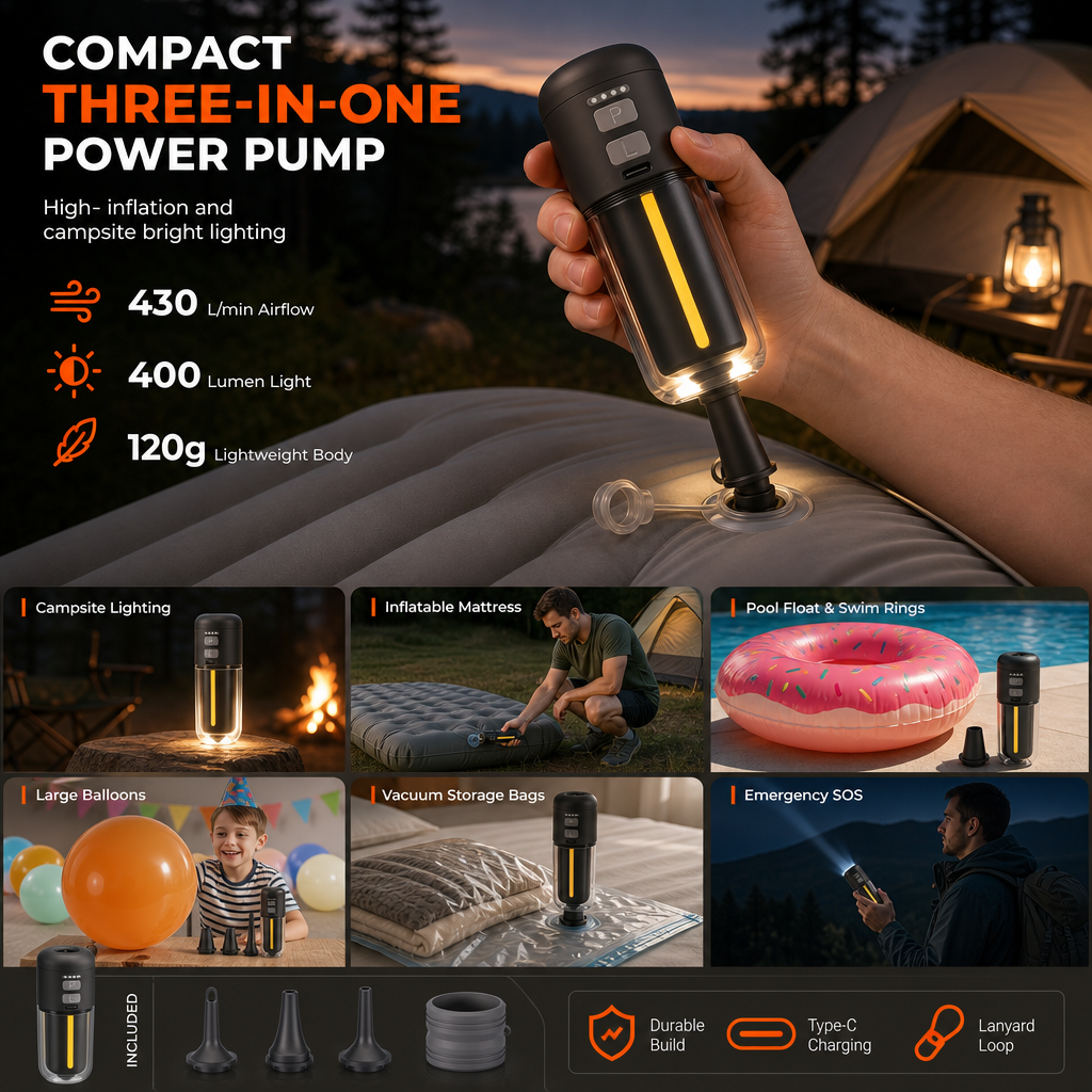 🏕️ 3-in-1 Mini Air Pump & Camping Lantern – Rechargeable, Compact & Travel-Ready