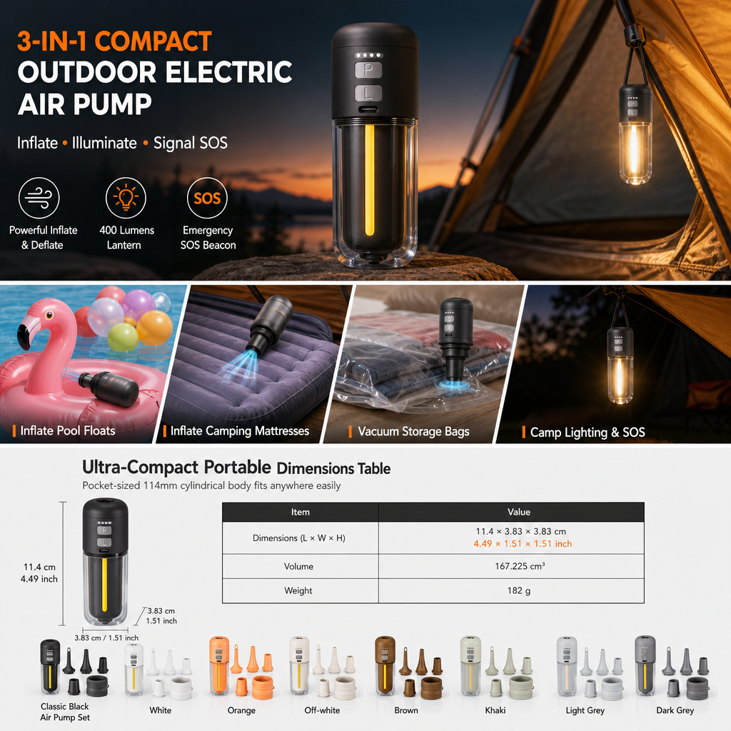 🏕️ 3-in-1 Mini Air Pump & Camping Lantern – Rechargeable, Compact & Travel-Ready