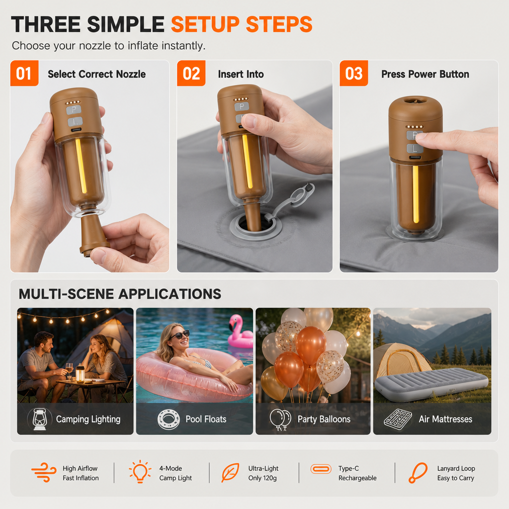 🏕️ 3-in-1 Mini Air Pump & Camping Lantern – Rechargeable, Compact & Travel-Ready