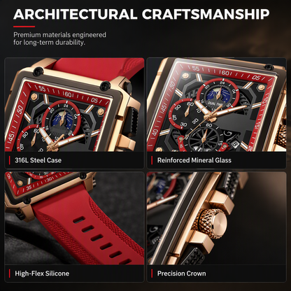 Men's Square Quartz Watch with Silicone Strap Hollow Dial and Calendar Business Casual Wristwatch
