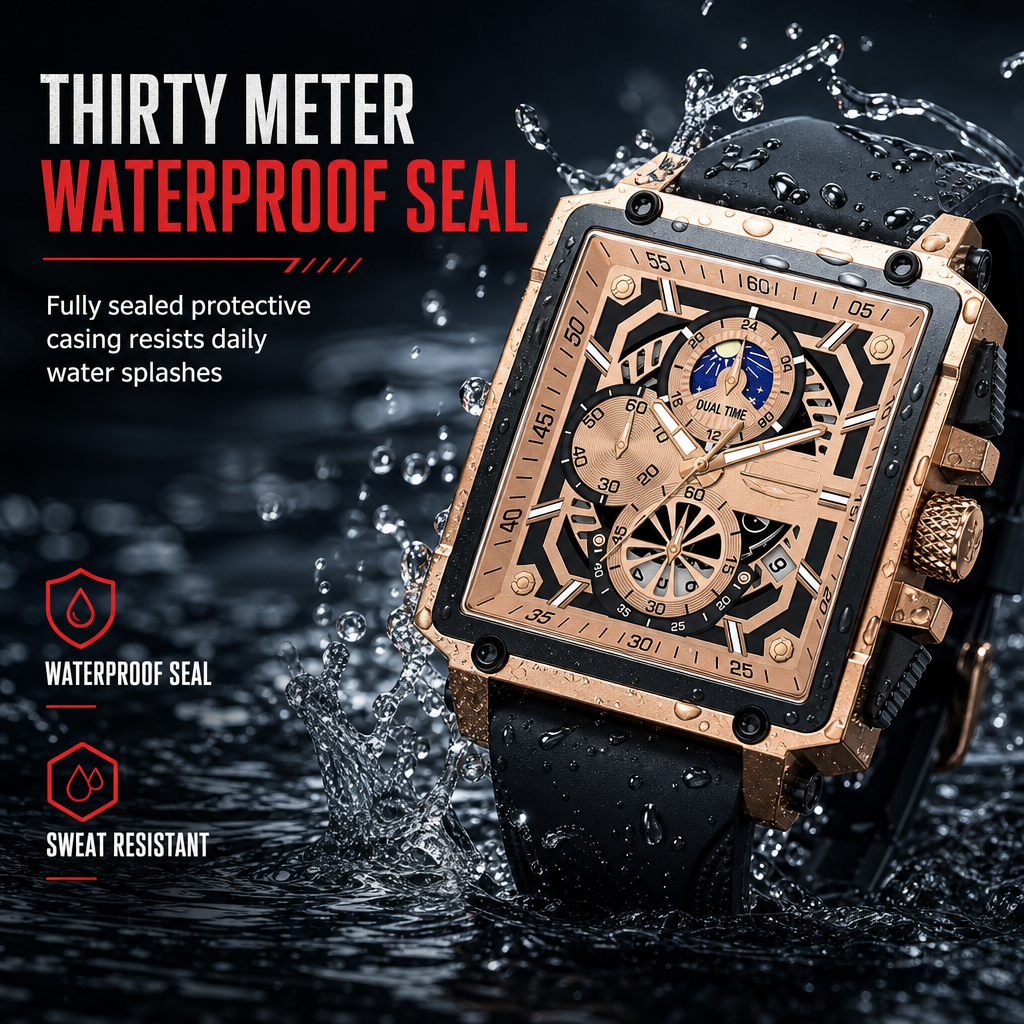 Men's Square Quartz Watch with Silicone Strap Hollow Dial and Calendar Business Casual Wristwatch