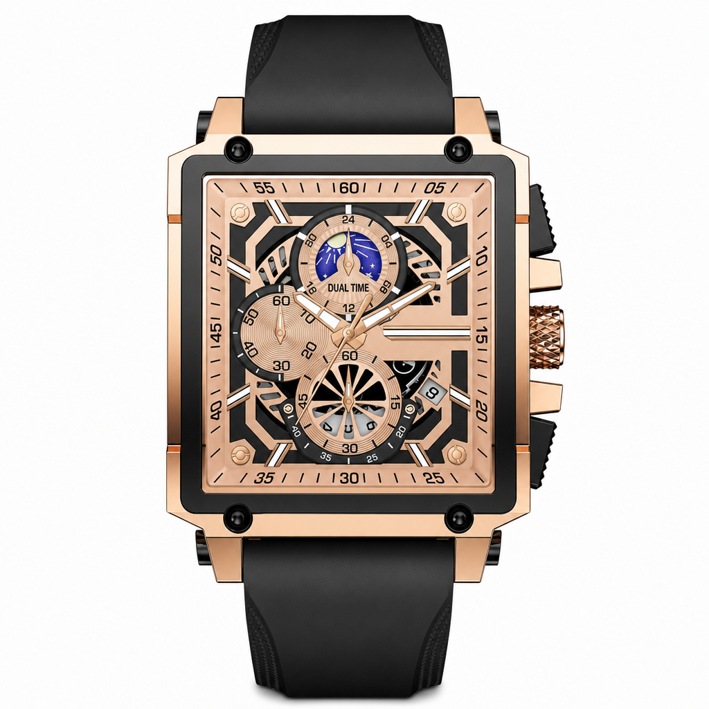 Men's Square Quartz Watch with Silicone Strap Hollow Dial and Calendar Business Casual Wristwatch