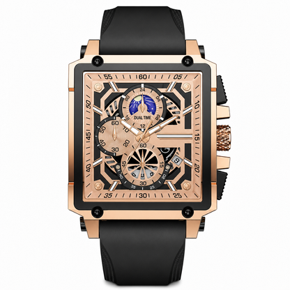 Men's Square Quartz Watch with Silicone Strap Hollow Dial and Calendar Business Casual Wristwatch