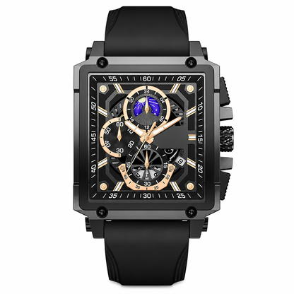Men's Square Quartz Watch with Silicone Strap Hollow Dial and Calendar Business Casual Wristwatch