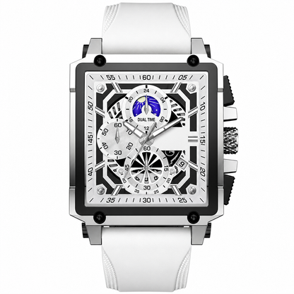 Men's Square Quartz Watch with Silicone Strap Hollow Dial and Calendar Business Casual Wristwatch