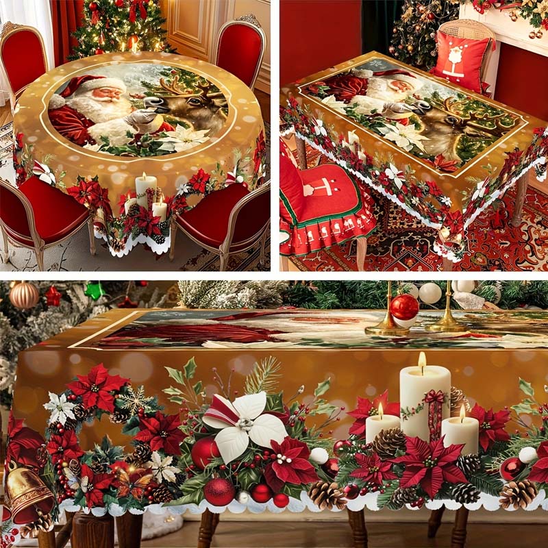 🎅 Christmas Tablecloth – Festive Santa, Reindeer & Snowman Holiday Table Decor