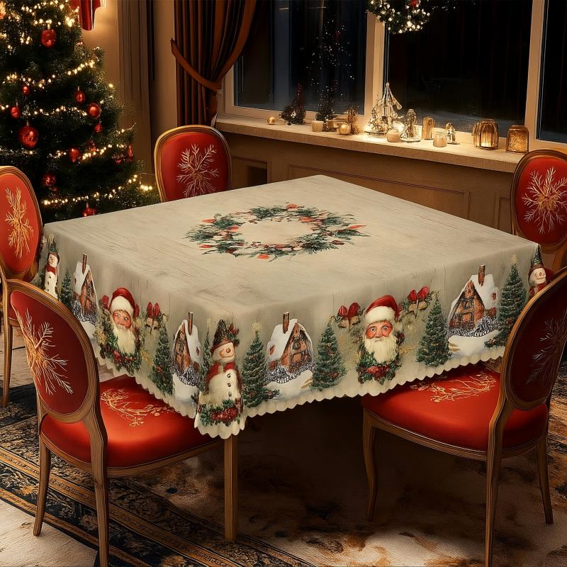 🎅 Christmas Tablecloth – Festive Santa, Reindeer & Snowman Holiday Table Decor
