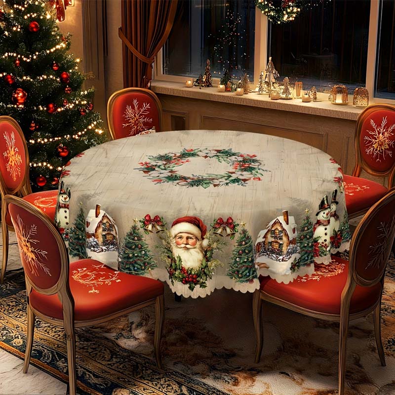 🎅 Christmas Tablecloth – Festive Santa, Reindeer & Snowman Holiday Table Decor