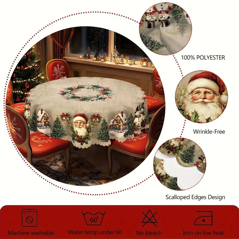 🎅 Christmas Tablecloth – Festive Santa, Reindeer & Snowman Holiday Table Decor