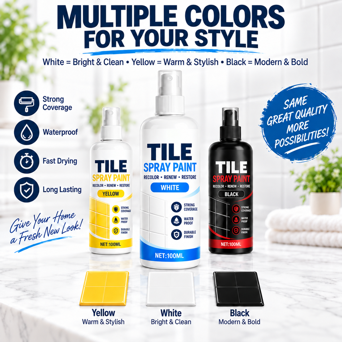 🎨 Tile Renewal Spray Paint – 100ml Quick-Dry Recoloring Coating for Bathroom & Kitchen Tiles