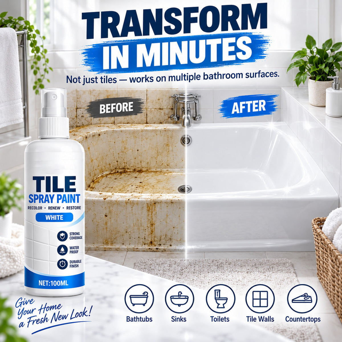 🎨 Tile Renewal Spray Paint – 100ml Quick-Dry Recoloring Coating for Bathroom & Kitchen Tiles