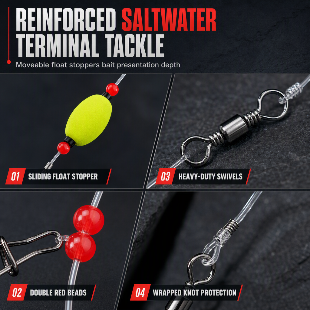 ⏰ Pre-Tied Surf Fishing Rigs: High-Buoyancy Floats, Forged Circle Hooks, 90lb Leader, Ready to Use