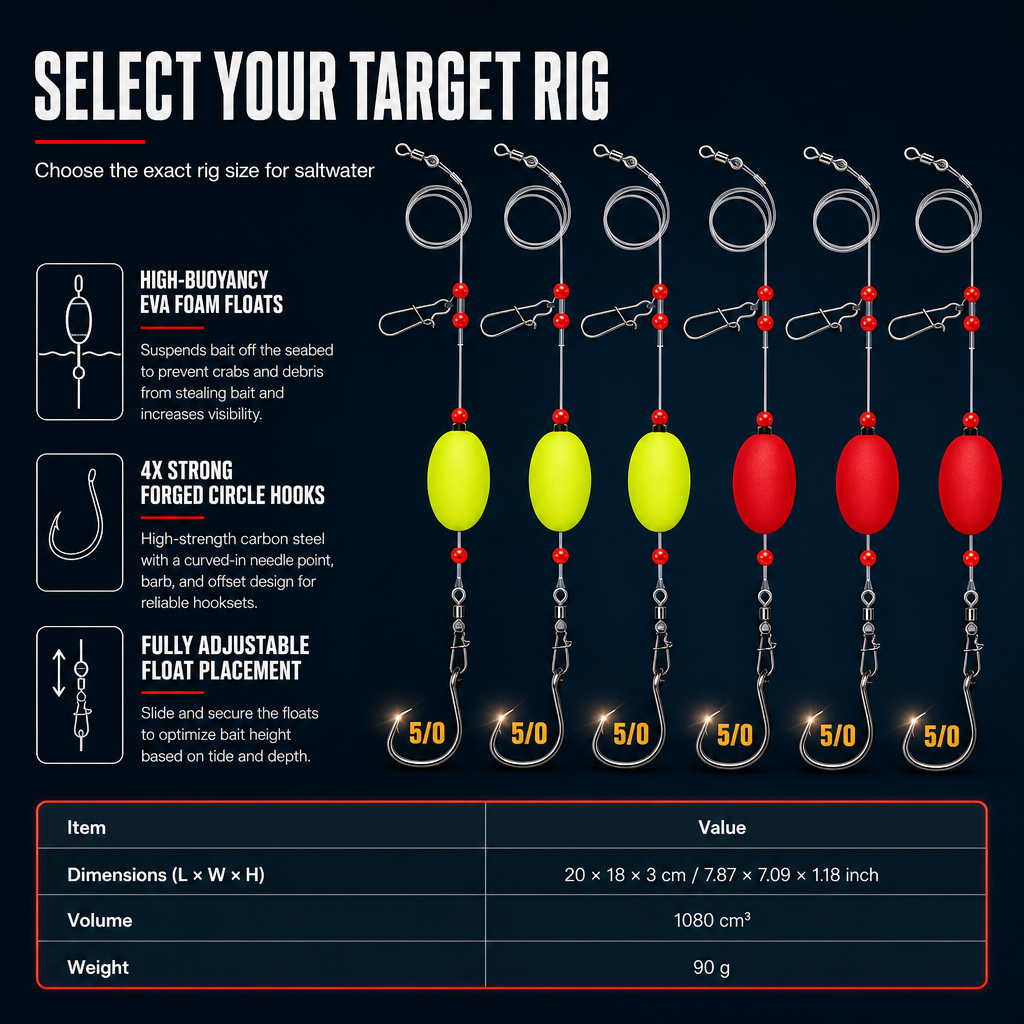 ⏰ Pre-Tied Surf Fishing Rigs: High-Buoyancy Floats, Forged Circle Hooks, 90lb Leader, Ready to Use