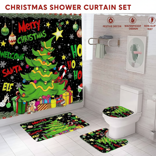 4PCS Waterproof Christmas Shower Curtain Set