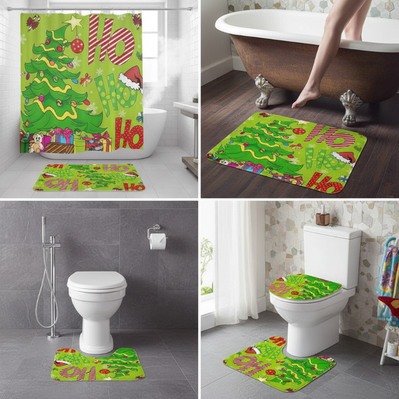 4PCS Waterproof Christmas Shower Curtain Set