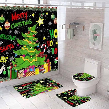 4PCS Waterproof Christmas Shower Curtain Set