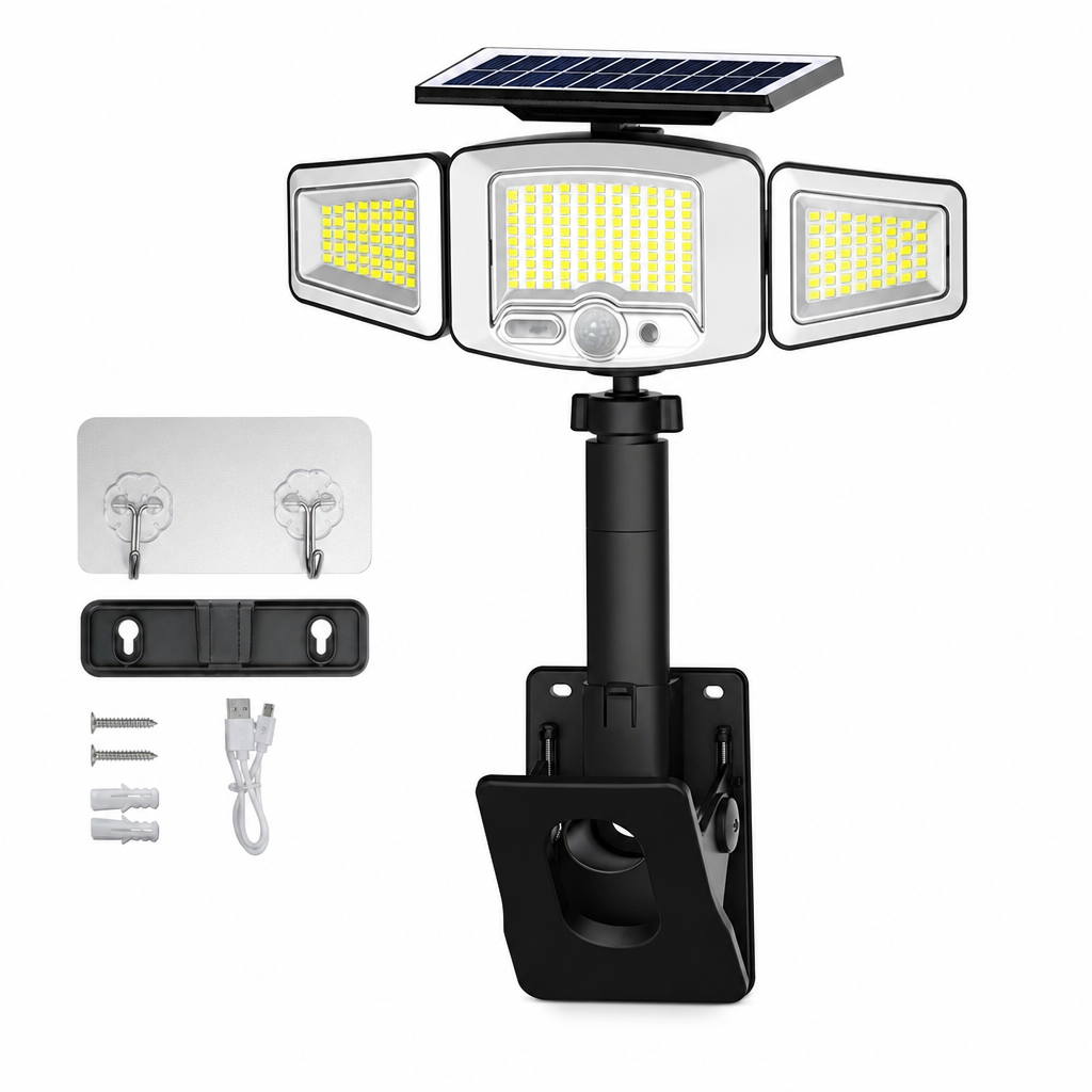 Zonne-energie lamp met 3 lampkoppen en bewegingssenso