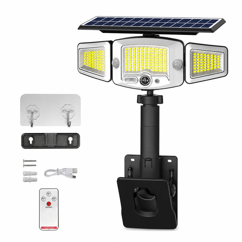 Zonne-energie lamp met 3 lampkoppen en bewegingssenso