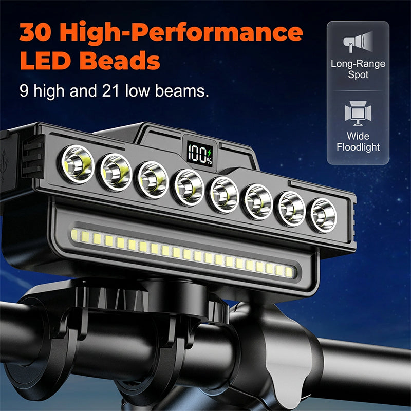 🚴💡 30-LED Dual Beam Cycling Light – 7 Modes, Digital Battery Display & USB-C Rechargeable