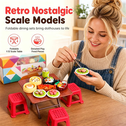 🏠 50% OFF! ✨ Miniature Folding Table & Chair Toy Set – Retro Wood-Grain Scale Models, Realistic Simulated Play Food & Space-Saving Foldable Design – Perfect Dollhouse Pretend Play for Kids 🍽️