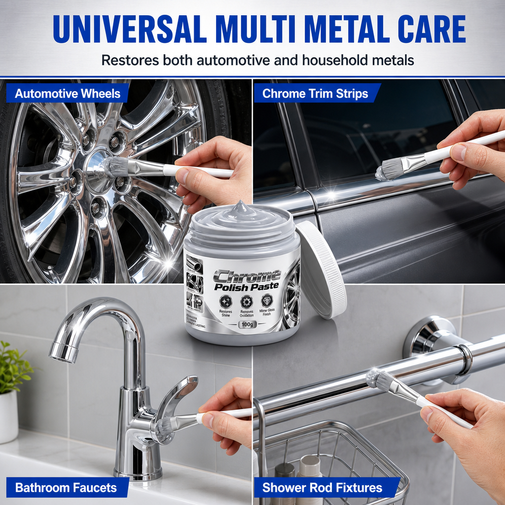 ✨50% OFF NOW! Metal Chrome Polish & Restorer Paste with Brush – Heavy-Duty Chrome Polishing Cream, Oxidation Remover for Car Wheels, Metal Trim, Faucets & Chrome Surfaces