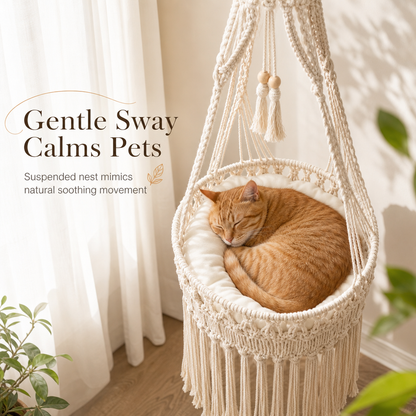 🐱50% OFF NOW! Handwoven Bohemian Hanging Cat Hammock – Macrame Cotton Rope Cat Swing Bed with Tassels, Elevated Indoor Cat Perch for Kittens & Cats