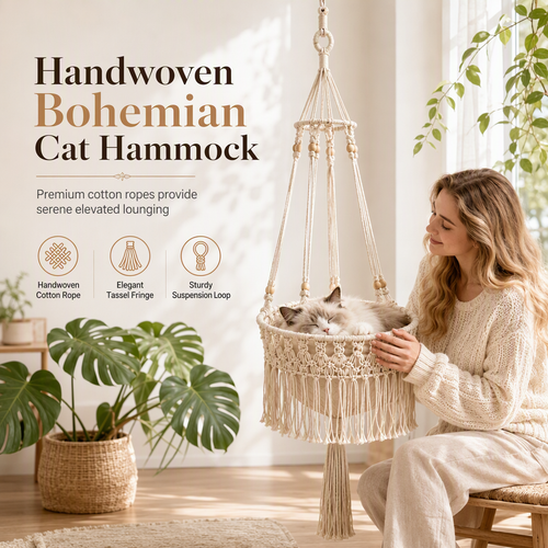🐱50% OFF NOW! Handwoven Bohemian Hanging Cat Hammock – Macrame Cotton Rope Cat Swing Bed with Tassels, Elevated Indoor Cat Perch for Kittens & Cats