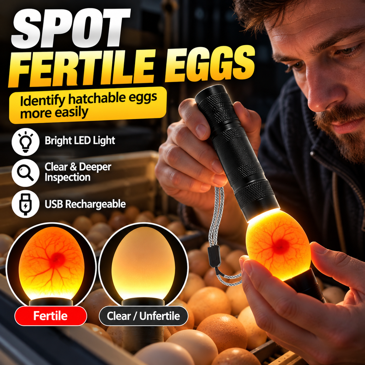 🥚 Rechargeable LED Egg Candler - Cool Light Embryo Inspection Tool 💡