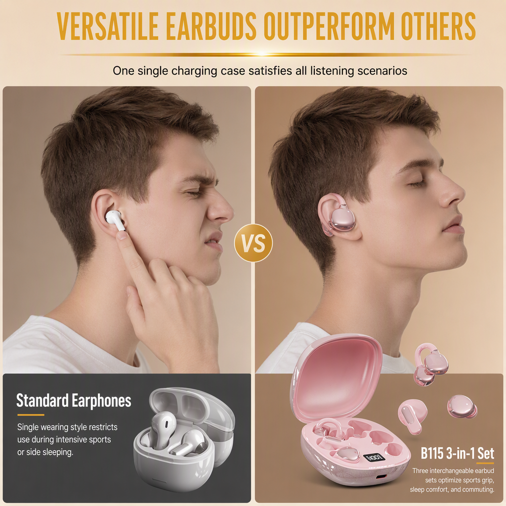 3-in-1 Bluetooth Earphones ✨ Ear Clip · In-Ear · Sleep Modes | 🔇 Noise Cancelling | 🔋 Ultra Long Battery | 6 Pairs of Ear Tips Included